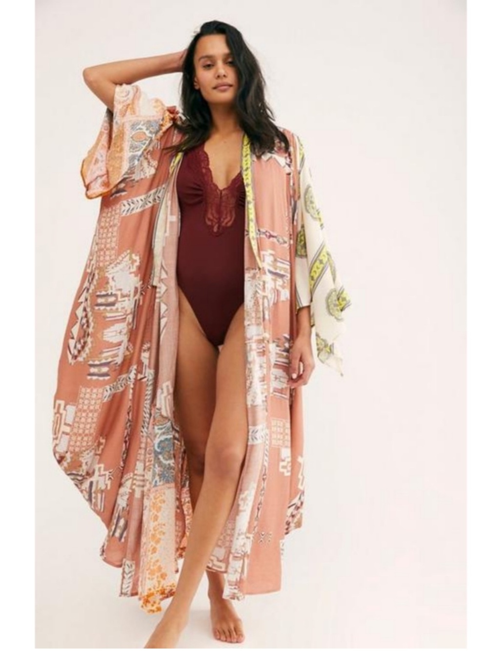 Rare Free People Oh No Kimono Draped Voluminous Abstract Printed Coverup OS